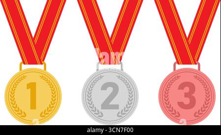 Medaille. Gold-, Silber- und Bronzemedaillen mit rotem Band. Sportgewinner-Medaille. Champion und Siegerkonzept. Vektorabbildung. Stock Vektor