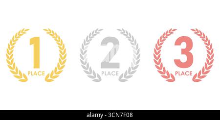 Set der Auszeichnungen erster, zweiter und dritter Platz. Lorbeerkranz aus Gold, Silber und Bronze für den Trophy Cup. Champion und Siegerkonzept. Vektorabbildung. Stock Vektor