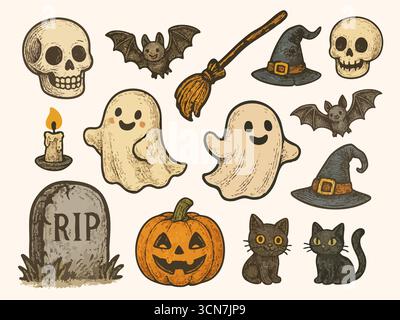 Vintage handgezeichneter Halloween-Vektor, Tusche strukturierte Retro-Skizze mit süßer gruseliger Stimmung, verspieltes Herbstferien-Design Set 1 Stockfoto