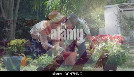 Kniender älterer Mann und Erwachsene Frau mit Strohhut, die Setzlinge in Tontopf im Garten Pflanzen Stockfoto