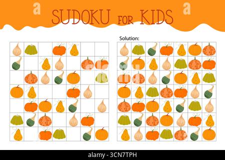 Kürbis Sudoku Puzzle, Bildspiel- oder Freizeitaktivitäten Arbeitsblatt Illustration, druckbares Raster zum Ausfüllen fehlender Bilder, Herbst Thanksgiving Top Stock Vektor