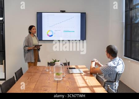 Verschiedene Kollegen in Geschäftskleidung präsentieren Karten auf Tablets am Tisch, Pitcher, Kopierraum Stockfoto