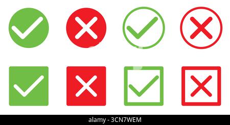 Grünes Häkchen und rotes x, ein Häkchen OK und ein X-Kreuz-Symbol Stock Vektor