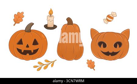Ein Set mit süßen Kürbis-Illustrationen mit Kerzen und Herbstblättern. Halloween-Elemente. Stockfoto