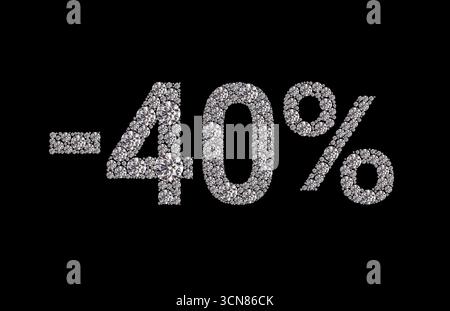 Eine Nahaufnahme einer diamantförmigen Zahl 40 mit einem diamantförmigen Prozentzeichen. Das Bild ist schwarz-weiß und hat ein glänzendes, glitzerndes Aussehen Stockfoto