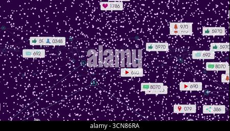 Netzwerk wird auf violetter Leinwand mit verbundenen sechseckigen Knoten und verschiebbaren Social-Media-Benachrichtigungen angezeigt Stockfoto