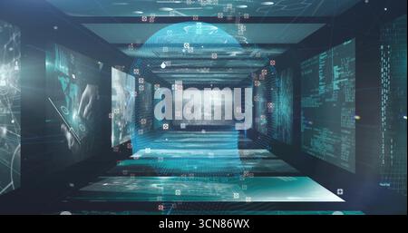 Zeigt holographische Ströme in virtuellen Korridoren, Datenbildschirmen und schwimmenden Codeblöcken Stockfoto