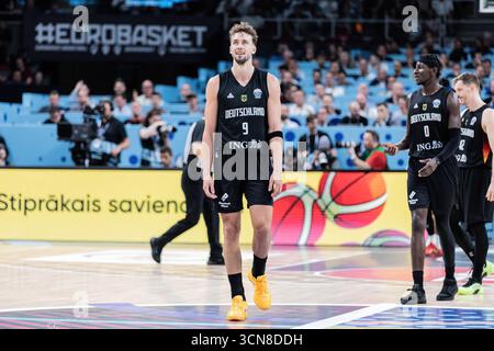 Riga, Lettland. September 2025. Franz Wagner aus Deutschland war im Finale der FIBA EuroBasket 2025 zwischen Turkiye und Deutschland in der Arena Riga zu sehen. Endstand; Deutschland 88:83 Turkiye. Quelle: SOPA Images Limited/Alamy Live News Stockfoto