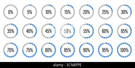 Blauer und grauer Fortschrittsbalken. Vorlage für blaue und graue Füllkurvenanzeigen. Satz des Ladefortschritts des runden Diagramms. Kreisdiagramme Stock Vektor