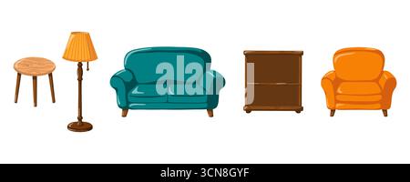 Wohnzimmermöbel mit Cartoon-Vektor mit Sofa, Sessel, Lampe und Tisch. Isolierte Abbildung auf weißem Hintergrund. Stock Vektor