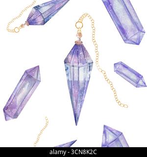 Nahtloses Muster aus violettem magischem Kristall auf Goldkette. Aquarellillustration eines Minerals, das bei der Wahrsagung und Suche verwendet wird. Mystisches Ritual. Isoliert auf weißem Hintergrund. Stockfoto