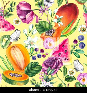 Fruchtiges Blumenaquarell Botanisches nahtloses Muster handgezeichnet Stockfoto