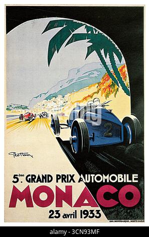 Ein wunderschönes Reiseposter aus dem Jahr 1933 für den Großen Preis von Monaco Stockfoto