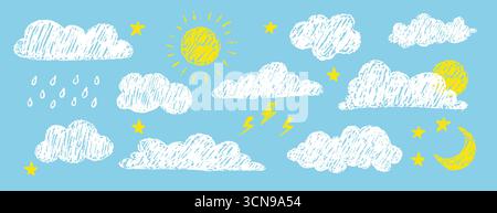 Wolkenpastellstift. Niedliche Himmelselemente, gezeichnet mit farbigem Buntstift. Kindliche Textur. Hand gezeichnete Vektor-Stock-Kind-Buntstift-Illustration Stock Vektor