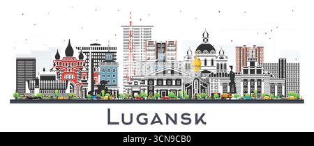 Lugansk City Skyline mit farbigen Gebäuden isoliert auf weiß. Vektorabbildung. Luhansk Stadtbild mit Wahrzeichen. Geschäftsreisen. Stock Vektor