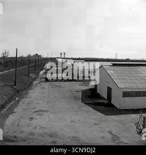 Ein historisches Panoramafoto aus den 1980er Jahren, das einen allgemeinen Blick und die Infrastruktur des Molkereibetriebs „Ukraine“ Kolchoz im Dorf Khrestyschche, ukrainische SSR, zeigt. Die Hochwinkelaufnahme zeigt die Größe des sowjetischen agro-industriellen Komplexes: Zahlreiche Kuhställe, Korralen, Straßen, Silos und Wassertürme, im Spiegel des industriellen Ansatzes der Landwirtschaft im spätsowjetischen Donbass Stockfoto