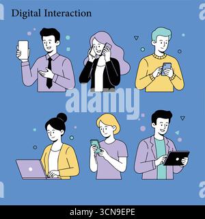 Personen mit eingestellten Geräten. Weibliche und männliche Charaktere nutzen Smartphone, Laptop, Tablet, telefonieren, surfen im Internet, surfen in sozialen Medien Stock Vektor