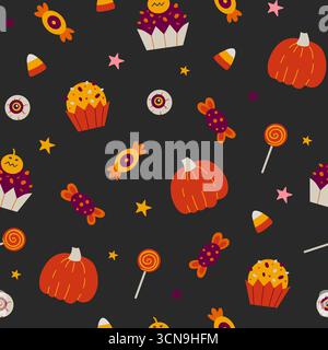 Dekoratives, festliches Halloween-Muster mit Süßigkeiten und Kürbissen. Stockfoto