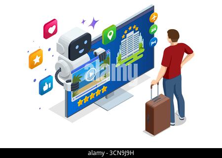 Eine isometrische Illustration eines Mannes mit Gepäck und eines KI-Assistenten, der eine Reise plant. Sie stehen in der Nähe eines Laptops und sind bereit für ein Reiseabenteuer Stock Vektor