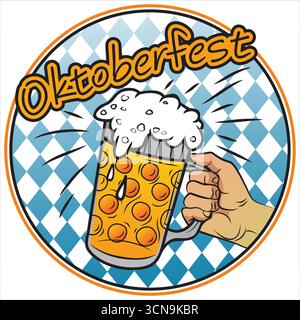 Handaufrichtung überfließender bierstein mit oktoberfest-Text und kariertem blau-weißen Diamanthintergrund. Stock Vektor