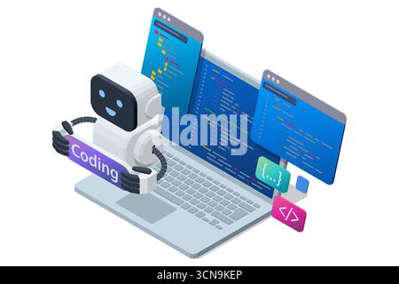 Isometrisches Konzept des KI-Codierungsassistenten, der Programmierer beim Schreiben und Optimieren von Code unterstützt. Künstliche Intelligenz in der Softwareentwicklung. Digitale Erstellung Stock Vektor