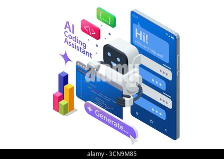 Isometrisches Konzept des KI-Codierungsassistenten, der Programmierer beim Schreiben und Optimieren von Code unterstützt. Künstliche Intelligenz in der Softwareentwicklung. Programmierung und Stock Vektor