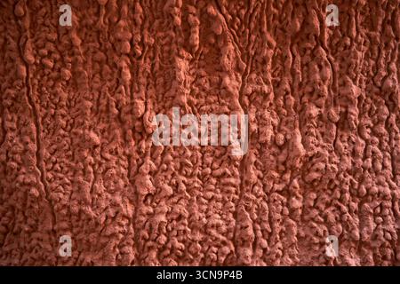 Eine strukturierte rote Wandoberfläche mit einzigartigen und faszinierenden Mustern Stockfoto