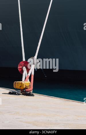 Festmachen eines Schiffes im Hafen mit Festmacherleinen an einem Schiffspoller am Kai Stockfoto