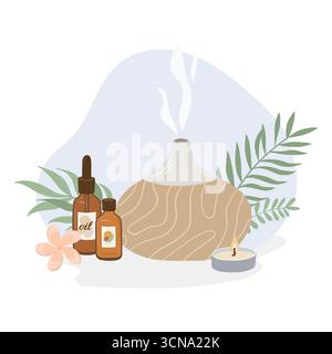 Zusammensetzung mit ätherischem Öl, Aromatherapie-Zubehör und Kräutern. Aromalampe flache Vektorillustration auf weißem Hintergrund. Stock Vektor