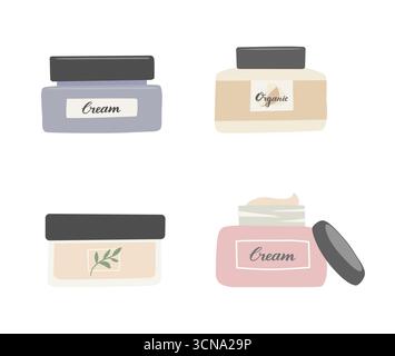 Set von Cremegläsern isoliert auf weißem Hintergrund. Kollektion von Schönheitspflegeprodukten in Handzeichnung. Illustration des kosmetischen flachen Vektors. Stock Vektor