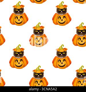 Nahtloser Halloween-Hintergrund mit niedlichen Katzen und Kürbissen, lustiger Charakter für Stoff, Geschenkpapier, Tapete Stockfoto