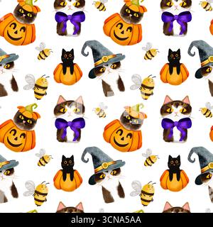 Nahtloser Halloween-Hintergrund mit einer Vielzahl von niedlichen Katzen und Kürbissen. Lustige Charaktere für Stoff, Geschenkpapier und Tapeten. Stockfoto
