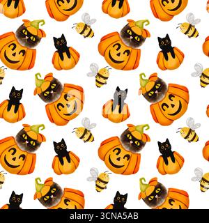 Nahtloser Halloween-Hintergrund mit niedlichen Katzen, Kürbissen und Bienen. Lustige Charaktere für Stoff, Geschenkpapier und Tapeten. Stockfoto
