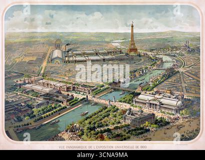 Panoramablick auf die Ausstellung Universelle, Paris, 1900 - 19. Jahrhundert farbige Postkarte Stockfoto