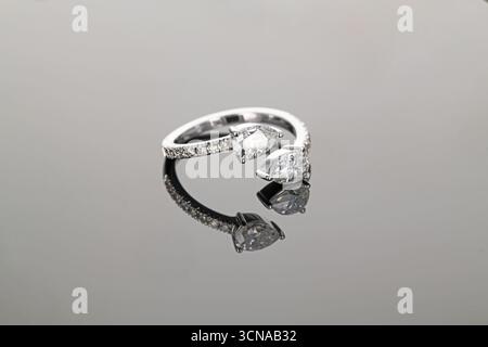 Ein Ring mit zwei Diamanten und einem Diamantband. Die Diamanten sind in ein silbernes Band gefasst Stockfoto