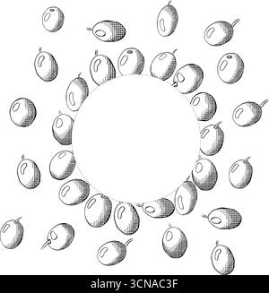 Handgezeichneter Kranz mit runder Rahmenschablone aus Reifen Olivenbeeren. Grafischer Vektorstrich Tinte Schwarz-weiß-Illustration. Banner, Poster, Verpackung PA Stock Vektor