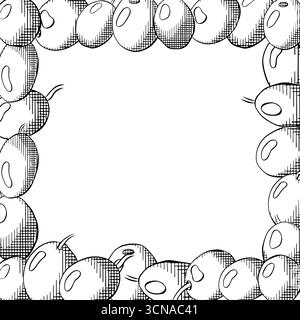 Quadratische Schablone für Olivenbeere. Grafischer Vektorstrich Tinte Schwarz-weiß-Illustration. Mediterranes botanisches Design für Paket Banner, Poster, Verpackung Stock Vektor