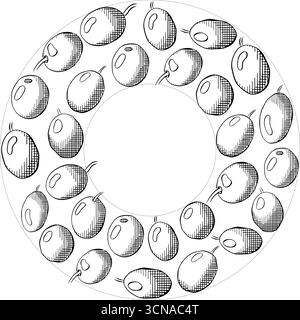 Runde Rahmenschablone mit Olivenbeere. Grafischer Vektorstrich Tinte Schwarz-weiß-Illustration. Italienisches Essen. Olivenkranz für die mediterrane Ernährung. Für Stock Vektor