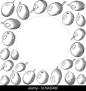 Runde, quadratische Rahmenschablone mit Olivenbeere. Grafischer Vektorstrich Tinte Schwarz-weiß-Illustration. Verwendung für Kosmetikverpackungen, Einkäufe, Geschäfte, Produkte, Stock Vektor