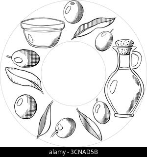 Olivenkranz, Olivenfest in Spanien, Olivenöl, grüne Beere und Blätter runden Rahmen Vorlage. Vektorgrafik-Strichtinte schwarz-weiß illus Stock Vektor