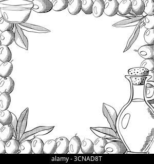Skizzenrahmen aus Olivenzweig mit Beeren und Blättern. Schablone mit quadratischem Rahmen für Olivenöl, grüne Beeren und Blätter. Vektorgrafik-Strichtinte Schwarzweiß Stock Vektor