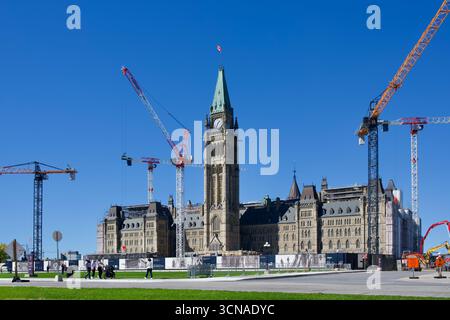 Mittelblock der kanadischen Parlamentsgebäude, die langfristig renoviert werden, Ottawa, Ontario, Kanada Stockfoto