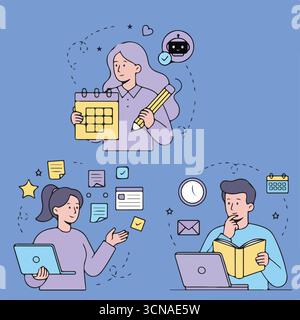 Zeitplanset. Charaktere, die künstliche Intelligenz für das Zeitmanagement nutzen. Planung, Aufgabenleistung, Konzept zur Kalenderorganisation Stock Vektor