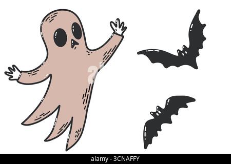 Niedlicher Geist mit Fledermäusen verspielte Halloween Cartoon Illustration für Stock Bilder Bibliothek Stock Vektor