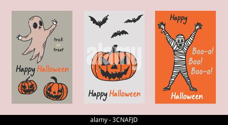 Halloween-Poster Mit „Geister“, „Kürbis“ Und „Mami“ Für Festliche „Trick Or Treat“-Grafiken Für Partydekor Stock Vektor
