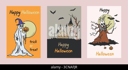 Happy Halloween Themenkarten mit Geister-, Schloss- und Skelett-Illustrationen für saisonale Vorräte Stock Vektor