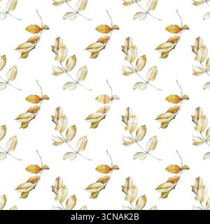 Nahtloses Aquarellmuster mit herbstlichen Hagebuttenblättern, handgezeichnet. Botanische Illustration auf weißem Hintergrund. Nahtloser Hintergrund mit gelbem Trocknen Stockfoto