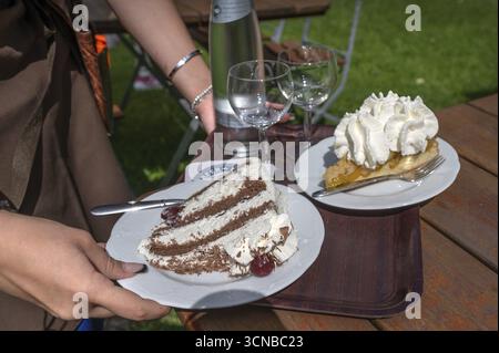 Kuchen werden auf einem Tablett in einem Gartencafé in Franken, Bayern, Deutschland serviert Stockfoto