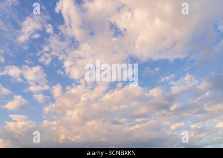 Wunderschöner Hintergrund eines riesigen blauen Himmels mit flauschigen weißen und rosa Wolken während eines malerischen Sonnenuntergangs in der goldenen Stunde. Stockfoto
