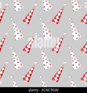 Nahtloses Zirkusmuster in Aquarellfarben mit roten und weißen Partyhüten, die mit Polka Dots und Diamanten verziert sind. Vintage-Style Stockfoto